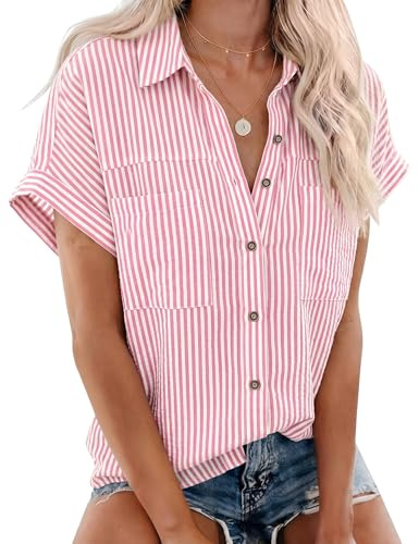Rapbin Chemisier décontracté à manches courtes et col en V pour femme - Chemise d'été boutonnée élégante - Chemisier en coton avec poche