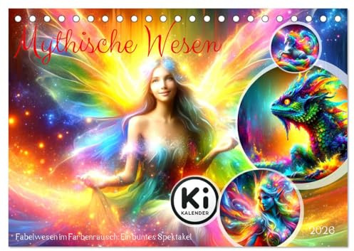 Mythische Wesen - Fabelwesen im Farbenrausch: Ein buntes Spektakel (Tischkalender 2026 DIN A5 quer), CALVENDO Monatskalender: Farbenpracht mythischer Kreaturen (CALVENDO Glaube)