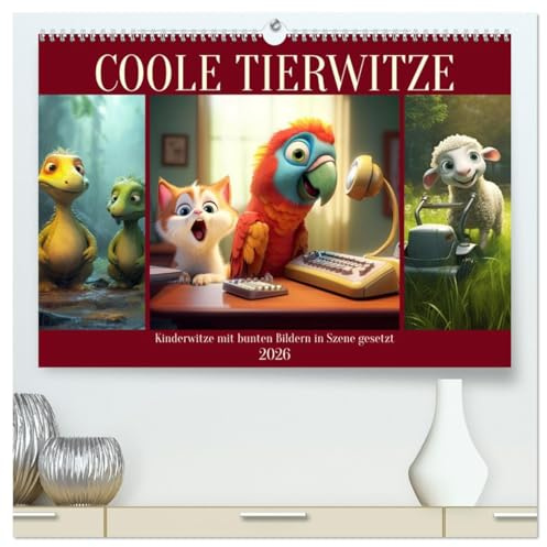 Coole Tierwitze (hochwertiger Premium Wandkalender 2026 DIN A2 quer), Kunstdruck in Hochglanz: Kinderwitze mit bunten Bildern in Szene gesetzt (CALVENDO Spass)