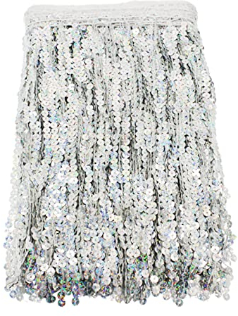 Yalulu 6.5 Yards Länge 30cm Breite Pailletten Quaste Schnittfranse Fransenborte Fransenband Trimmen Kostüm Lateinisches Kleid Garment Apparel Spitzenborte Nähzubehör (Silber)