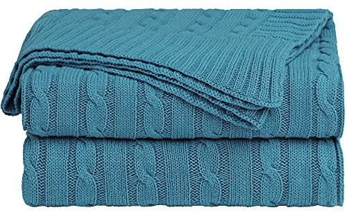 sourcing map Cotton Cable Knit Throw Blanket Soft Throw Couch Covers Knitted Blankets for Sofa Bed, Teal Blue Full(70 x 78)