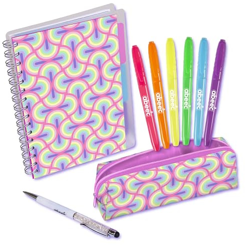 abeec Stationery Set for Girls - School Supplies for Kids - A5 Notebook, Ballpoint Pen with Stylus, Pencil Case and 6 Neon Highlighters