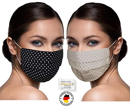 SET 2 STÜCK Unisex Stoffmasken Mundschutz Maske Stoff 100% Baumwolle Mund Nasen Schutzmaske mit Motiv Mund und Nasenschutz Maske waschbar SCHWARZ u. BEIGE gepunktet