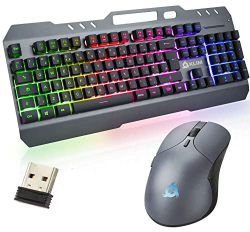 KLIM Unity Wireless Keyboard and Mouse Set - NEW - Slim Durable Ergonomic Mechanical Feel - Backlit Wireless Gaming Keyboard and Mouse for PC Mac PS4 PS5 - Long-Lasting Built-in Battery