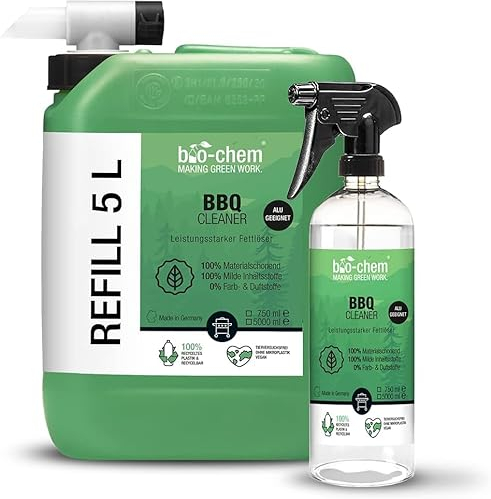 bio-chem - Set Produits d'entretien pour barbecues 0,75L + 5L + Bouchon de vidange - Nettoyants prêts à l'emploi, plancha, idéal pour l'été, Grille Barbecue degraissant