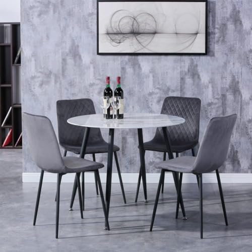 GOLDFAN Runder Esstisch Set 4 Esszimmerstühle Glastisch Marmor und 4 Samt Stühle Schwarze Metallbeine Kleines Wohnzimmer Büro Tisch Set, Grau