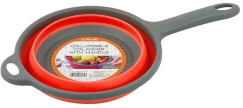 Collapsible Colander & Food Strainers with Handle -Silicone Kitchen Foldable Silicone Filter -Over Sink Colander for Draining Pasta, Vegetables, Fruits (Colander with Handle Red)