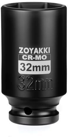 ZOYAKKI 1/2 Drive x 32 mm Deep 6 PT Impact Socket, CR-MO,1/2-inch Drive 6 Point Axle Nut Socket for Easy Removal of Axle Shaft Nuts (Metric 32MM)