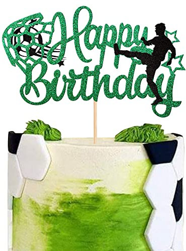SYKYCTCY 1 Pack Football Cake Topper Soccer Happy Birthday Cake Picks Glitter Happy Birthday Sport Player Cake Picks Soccer Ball Player Cake Decorations Man Boy Girl Birthday Party Supplies