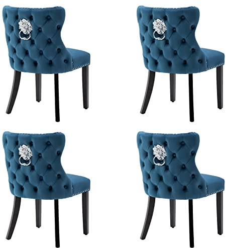 Wahson Esszimmerstühle 4er Set, Sitzfläche aus Samt, Küchenstuhl mit Holzbeine, Polsterstuhl Wohnzimmerstuhl mit Rücklehne, für Esszimmer/Küche, Blau