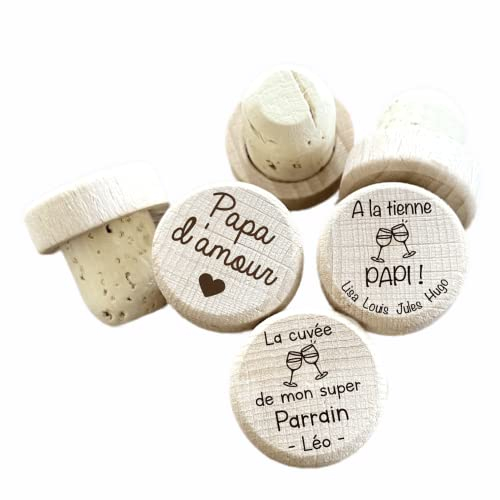 Bouchon de bouteille de vin gravé en bois et liège, cadeau personnalisé Mariage Anniversaire fêtes des pères, papa parrain