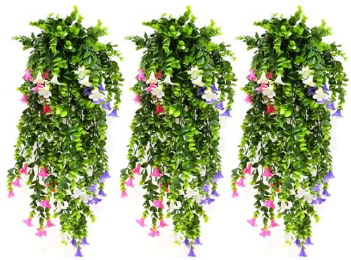 suaywo 3 Stück Trompetenblume Kunstpflanze Hängend 65cm Künstliche Hängepflanzen wie echt, Efeu Pflanze efeu Künstlich für Indoor Outdoor Garten Wanddekoration-Rosa, Weiß, lila