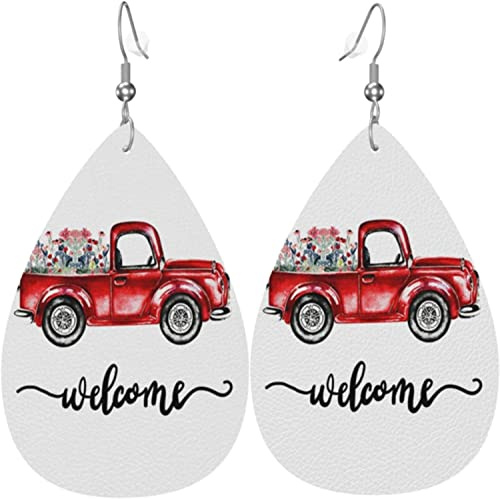 Damen-Ohrringe aus Leder, roter LKW mit Blumen, baumelnde Ohrringe für Mädchen