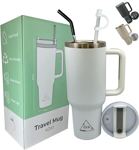 4EVA4 Taza de viaje de 40 onzas con popote y tapa, taza de café aislada al vacío de doble pared de acero inoxidable para café caliente y frío, taza de viaje con asa, taza de café para llevar (blanco)