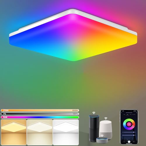 LEZOE 18W Smart LED Deckenleuchte Dimmbar RGB Farbwechsel, 1800LM 2.4GHZ WLAN Led Deckenlampe Bunt RGB Steuerbar via APP, IP54 Badleuchte Für Wohnzimmer Kompatibel mit Alexa und Google Assistant