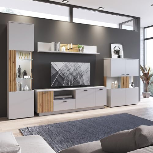 Wohnwand Wohnmöbel grau mit Eiche 4-teilig modern, 1 Lowboard, 1 Wandboard, 1 Vitrine, 1 Highboard inkl. Beleuchtung