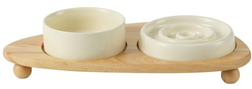 Havniva Keramik langsame Katze Feeder Schüssel, erhöhte Katze Schüssel mit Holzständer, Haustier langsamer für Spaß, Kreis Form (2 x Schüssel mit Ständer - Creme, 15.5cm)