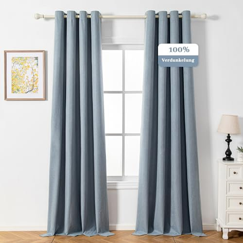 MYSKY HOME Blickdichter Vorhang mit Ösen Gardinen Kälteschutz Verdunklungsvorhänge Leinenoptik Blickdichte Gardine für Wohnzimmer,Graublau,2er Set H 260 x B 140 cm.