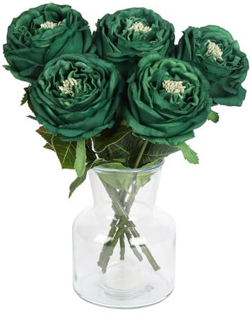 DuHouse 5Pcs Real Touch Silk Roses Fake Dark Green Roses with Stems Artificial Flowers for Arrangement Wedding Party Home Decoration