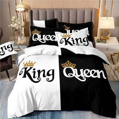 Freyamy Partner Bettwäsche 135x200cm 4teilig Schwarz Weiß King&Queen 3D Bettwäsche für Paare 100% Mikrofaser Pärchen Bettwaren-Sets Liebhaber Bettbezug mit Reißverschluss und 2 Kissenbezug 80x80cm