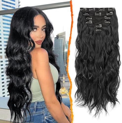 BARSDAR Clip in Schwarz Haarverlängerung Für Damen, 50CM Lang Wellig Haarextension Clip in 6PCs Voller Kopf Dickes Synthetisches Haarteil Halloween (Natürliches Schwarz)