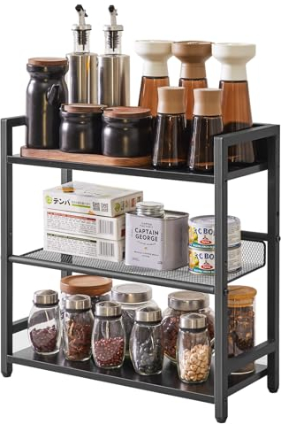 IBUYKE Gewürzregal mit 3 Ebenen, industrielles Thekenregal, Schreibtisch-Organizer, stehendes Gewürzregal für Arbeitsplatte, Küche, Büro, Wohnzimmer, Schwarz TLJ021B