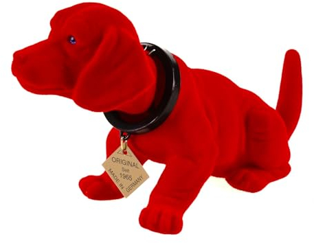 Kremers Schatzkiste Wackeldackel Auto Rot 19cm Nostalgische Deko aus Deutschland Wackelkopf Hund Figur für Hutablage - Lustiges Geschenk für Autoliebhaber - Retro Büro Deko