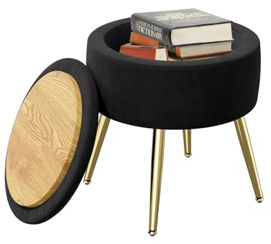 Hawthyhome Hocker Mit Stauraum Runder Sitzhocker Schminktisch Hocker Ottomanrund Gepolsterter Hocker Abnehmbarer Bezug Metallstütze,Schwarz