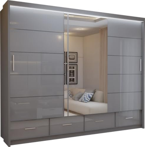 FURNITUREWAVE Sycylian High Gloss Sliding Mirror Door Wardrobe Cabinet Modern Mutil-Functional Cabinet with Shelves and Soft-Close Freestanding Closet for Bedroom (Grey, 255cm)
