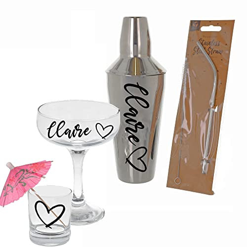 Personalised Cocktail Mixer Shaker with Matching Glass Gift Kit Personalised with Name Cocktail Making Bundle Set (Full Martini Set)