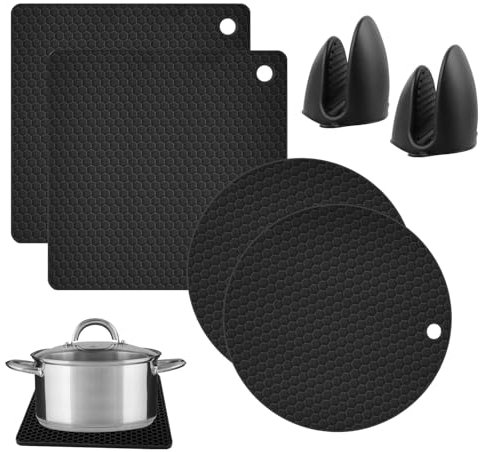PBUSPU Lot de 6 Dessous de Plat en Silicone, Dessous de Plat de Cuisine en Silicone résistant, Résistance à la Chaleur Antidérapant avec Une Paire de protège-Doigts pour Les Plats Chauds