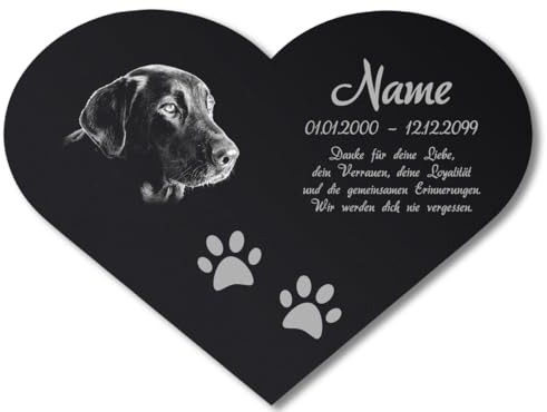 Paule Black Personalisierter Tier Herz Grabstein Grabschmuck mit Foto Gravur - Acrylglas Schwarz Hochglanz 300 x 225 mm - wetterfest, für Hund, Katze und alle Haustiere, individuelles Foto und Text