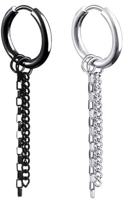 Homxi Damen Herren Creolen Ohrringe Silber Schwarz,Ohrringe Damen Edelstahl Ohrringe Doppelkette mit Quaste Ohrhänger für Damen Silber Schwarz