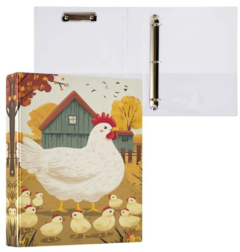 3,8 cm großer Ordner mit 3 Ringen, weiße Henne und Küken, dekorativer niedlicher Drei-Ringordner mit rutschfestem Metallclip, D-Ringbuch für Arbeit, Schule, Büro, 1 Packung