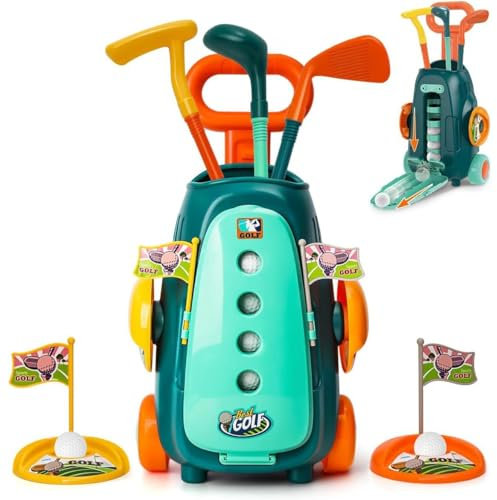 The Magic Toy Shop Kids Golf Set Indoor Outdoor Games Golf Club Play Set with 4 Balls 3 Clubs 2 Practice Holes Garden Games Sports Toy