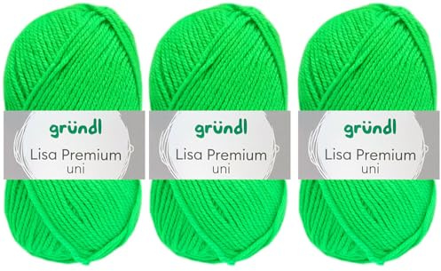 3x50 Gramm Gründl Lisa Premium Uni aus 100% Polyacryl inkl. Anleitung für Meerschwein (29 Neon Grün)