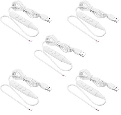 SinLoon USB mâle avec interrupteur marche/arrêt aux extrémités dénudées 5 pièces USB 2.0 câble d'alimentation pour interrupteur de gradation à 6 vitesses, pour bandes LED petite lampe de table (White)