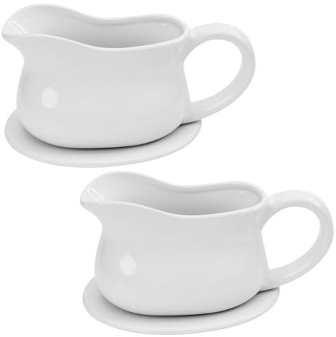 Monrocco 17oz Ceramic Gravy Boat with Saucer Stand Set of 2, Porcelain Gravy Boat with Dripless Lip Spout, Thanksgiving Serving Dish for Salad Dressings, Creamer, Warming Sauces, Microwave Safe