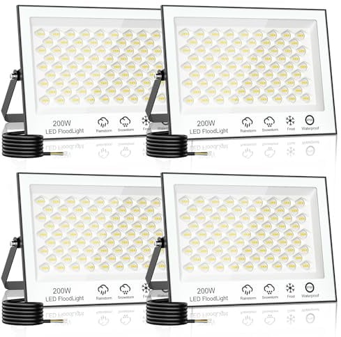 Wowspeed 200W LED Strahler Außen, 20000LM Superhell, 6500K Kaltweiß Außenstrahler, IP66 Wasserfest Scheinwerfer für Hinterhof, Auffahrt, Garage, Flur, Garten - 4 Stück