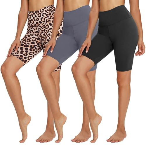 TNNZEET 3er Pack Radlerhose Damen High Waist Shorts Kurze Sporthose Blickdicht Sommer Leggings Unter Kleider für Sport Yoga,Schwarz/Dunkelgrau/Leopard,S-M