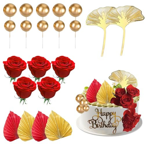 BXYIIGRU 22 Stück Red Rose Tortendeko Blumen Golden Tortendeko Valentinstag Cupcake Topper für Hochzeit Geburtstag Verlobung Valentinstag Muttertag