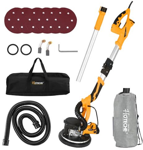 Hoteche 800W 225MM Trockenbauschleifer Wandschleifer mit Absaugung Langhalsschleifer 220-240V 50/60Hz 800-1800 rpm faltbarer verlängerbarer Griff LED Licht Selbstansaugend und Zubehör