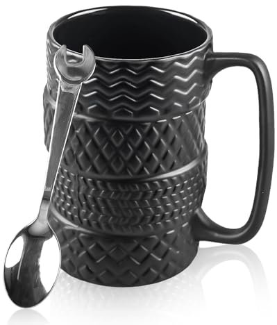 500 ML Reifentasse mit Löffel, Keramik Reifentasse mit Löffel, Kaffeetasse Groß, 3D Große Becher mit Henkel, Geschenke für Männer, Geschenke für männe, Fahrer, Mechaniker
