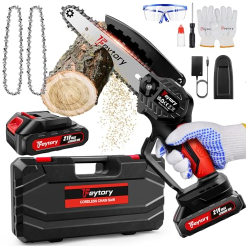 Mini Kettensäge mit Akku, 700W 6 Zoll Akku Stsäge mit 3000mAh Akku und Schnell-Ladegerät,Bürstenloser Motor Kettensäge mit 2 Ketten, und Sicherheitsverriegelung für Baum, Hof und Garten