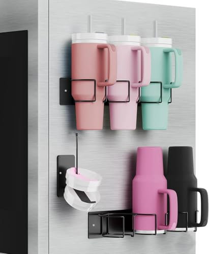 Gzsekken Magnetic Cup Holder, Metal Water Bottle Organizer for Stanley 40 oz with Handle, Stanley Cup Rack for Cabinet Organizer, Magnetic Fridge Shelf with 2 Pack (Black)