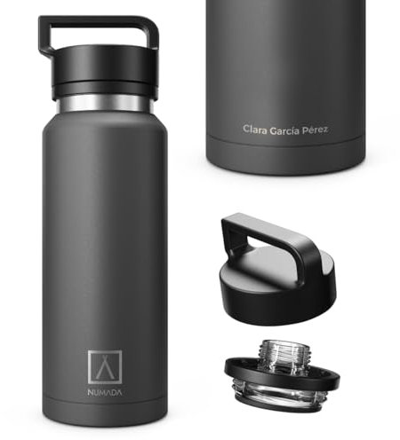 NUMADA - Botella Agua Acero Inoxidable 1200ml + Nombre| Bebidas Frías 24H y Calientes 12H | Botella Agua Gimnasio Antigoteo con 6 Capas, Libre BPA | Cantimplora Termica Cerámica con Boquilla, Negro