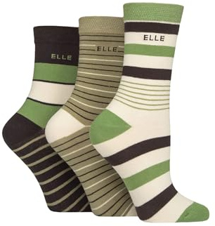 ELLE Women's Soft Cotton Socks - Plain, Striped and Patterned with Hand Linked Toes Multipack of 3 Pairs Size 4-8