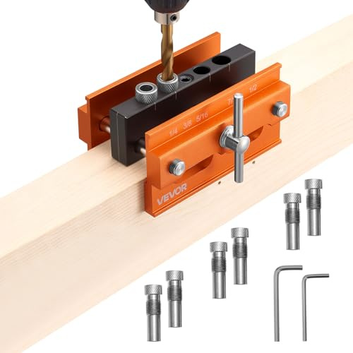 VEVOR Kit de Gabarit de Perçage de Chevilles à Centrage Automatique, Gabarit à Goujonner pour Tourillons Trous Droits, Outils de Travail du Bois avec 6 Bagues de Guidage, Largeur Réglable, Menuiserie