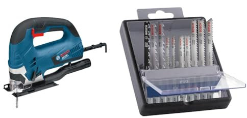 Bosch Professional Stichsäge GST 90 BE (inkl. Innensechskantschlüssel SW 5, 1x Stichsägeblatt) + 10x PRO Hardwood and Laminate Stichsägeblatt-Set (für Hartholz, Parkett, Länge 83 mm, Zubehör)
