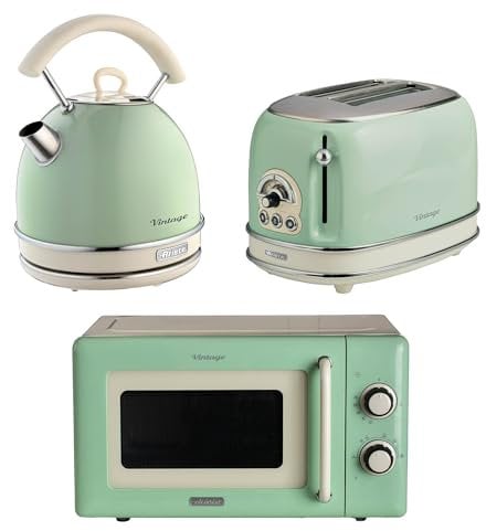 Ariete Vintage Breakfast Set, Retro 2-Slice Toaster with 6 Browning Levels, 2000W Fast-Boil Kettle & 800W Microwave, Green